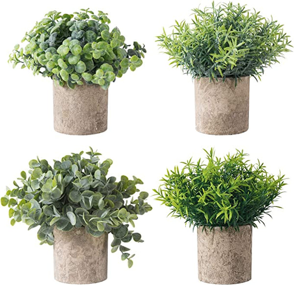 Set of 4 Artificial Plant Mini Potted Fake Plants Faux Eucalyptus Boxwood Rosemary Greenery in Pots Face Plant Decor Small Houseplants for Home Decor Office Desk Bathroom Decoration…
